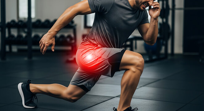 Man with hip pain during lunge exercise in gym. Gluteal muscle or hip joint injury, highlighted in red. Fitness workout discomfort.