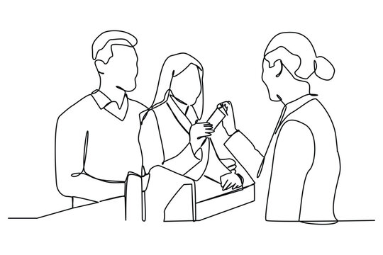 Continuous one line art of a female receptionist is giving cards to a husband and wife visitor. Receptionist Day.