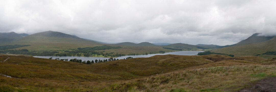 Panoramic view from the West Highland Way north of Bridge of Orchy, showing Beinn Toaig, Loch Tulla, Rannoch Moor and Beinn Achaladair. Argyll, Scottish Highlands.