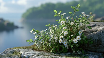 Naklejka premium Tranquil Lakeside Bloom: Delicate wildflowers, their petals catching the soft light, flourish on a rugged cliffside overlooking a serene lake. A testament to nature's resilience and beauty.