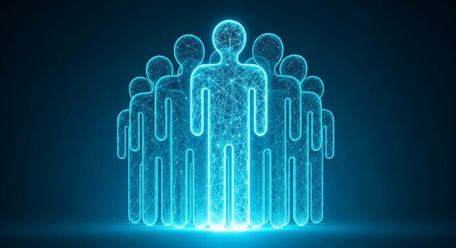 A glowing network of interconnected human figures against a dark blue gradient background