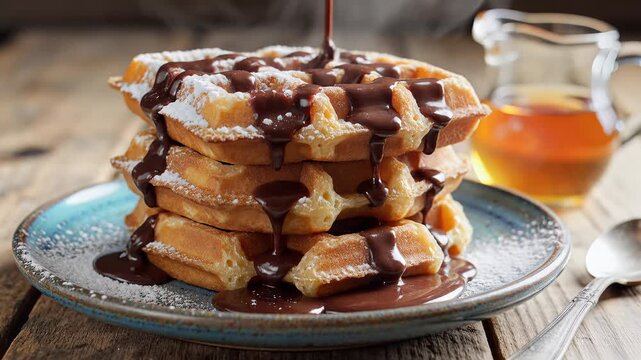 Stack of Belgian waffles with chocolate syrup