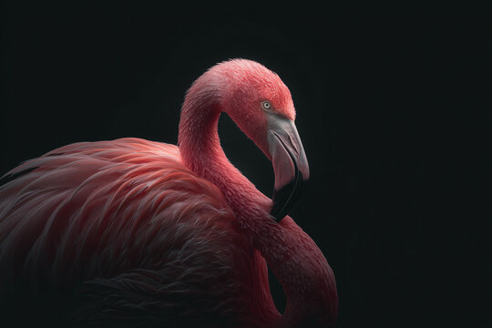 Tight frame of a glowing pink flamingo surrounded by dark ambiance