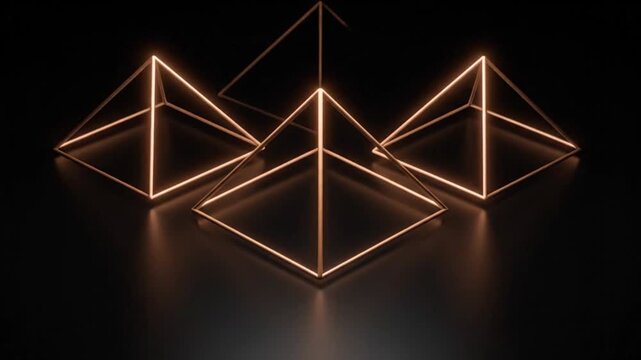 Abstract Glowing Pyramids on Dark Background with Reflective Surface.