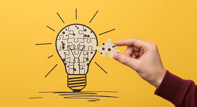 A hand holding a puzzle piece to complete a light bulb