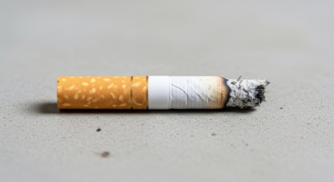 Close-up of a Smoldering Cigarette Butt on a Gray Surface.