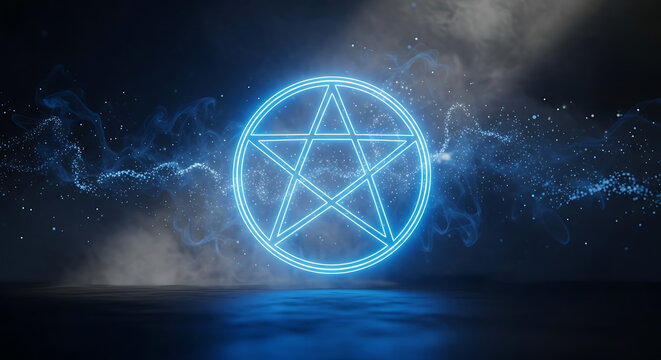 Glowing Neon Pentagram Illuminates a Dark, Smoky Stage, Symbolizing Mystery and Power, with Ethereal Light Effects