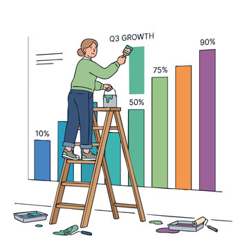 Woman painting bar graph showing Q3 growth on ladder.