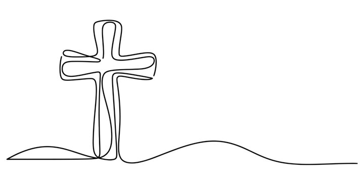 A minimalist single line drawing of a christian cross standing on a simple undulating ground line Vector, illustration