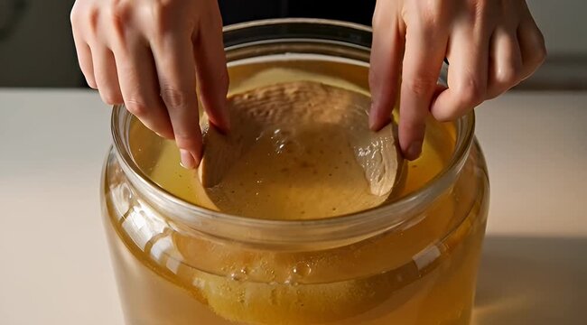 Close up view of a hands pulling SCOBY from a kombucha jar
