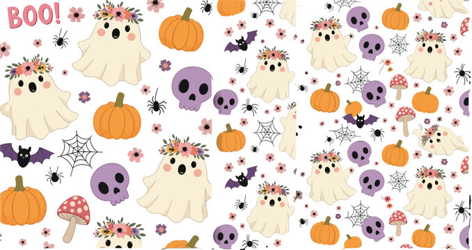 Cute halloween pattern with ghosts pumpkins skulls spiders and bats seamless cartoon vector illustration for spooky kids background design