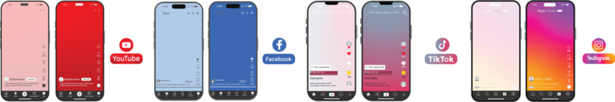 Facebook Instagram TikTok LinkedIn YouTube UI mockup pack iPhone 17 with reels posts shorts. video frame, job feed, mobile app UI design. Messages, Notifications, Explore, Likes, Comments, Shares, and