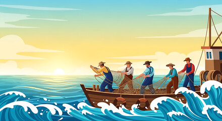 Obraz premium Fishermen casting a net from a boat on the sea at sunset, a scene of traditional maritime livelihood and hard work