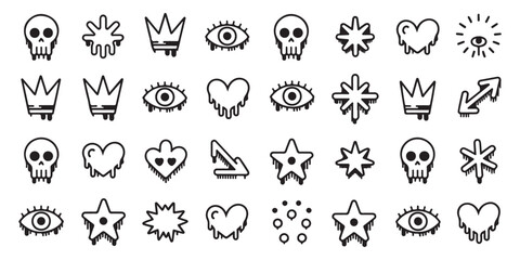 Fototapeta premium Grunge Doodle Dripping Icon Collection - Skulls, Crowns, Stars, Hearts, Eyes, and Abstract Shapes