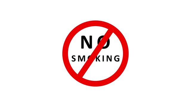 A clear red prohibition circle with a diagonal red line across it superimposed over the black text NOSMOKING on a plain white background representing a no smoking sign warning