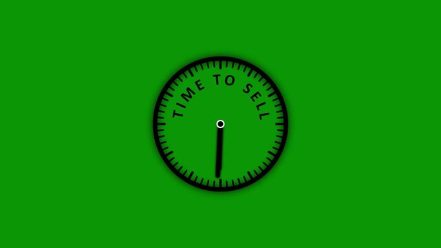 A simple black clock face displaying the words TIMETOSEL around its perimeter with a solid vibrant green backdrop and no additional visual distractions in the frame