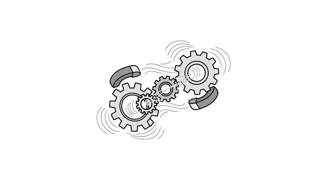 Interconnected rotating gears with motion lines showing mechanical teamwork system