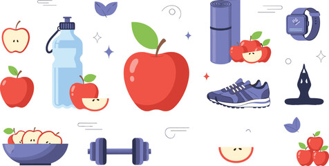 Healthy Lifestyle Illustration Set with Apples Water Bottle Running Shoes Yoga Mat and Fitness Elements for Wellness Nutrition and Exercise Design © Mifta