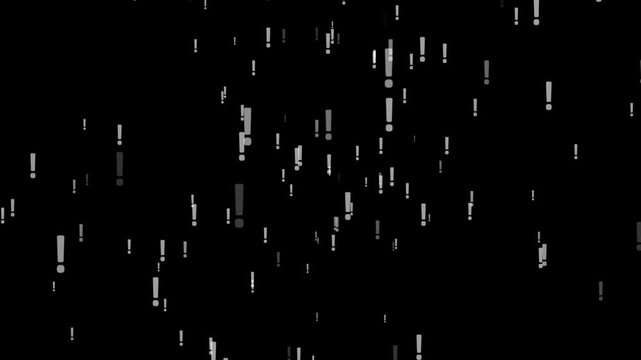 A dark background illuminated by a scattered collection of gray and white exclamation marks of varying sizes, creating a dynamic abstract pattern signifying emphasis and alerts