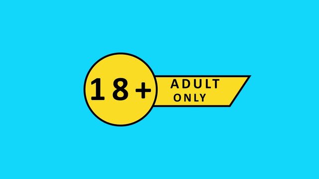 Yellow circle with black border containing the text 18 plus and a yellow banner with black text reading only against a bright cyan blue background with no other present. Keywords: 18 plus