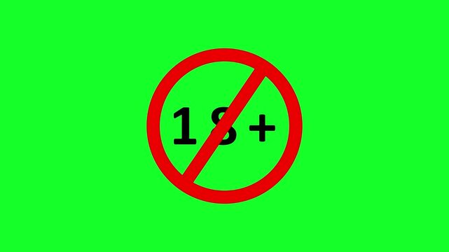 Red prohibition symbol with a diagonal line across it containing the black text 18 plus centered on a vibrant green background with no other discernible Keywords: 18 plus, age restriction
