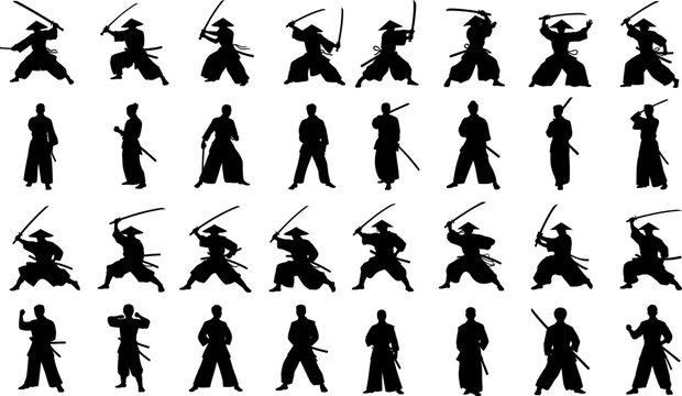 Warrior Silhouette Set Japanese Sword Fighting Poses Vector Collection
