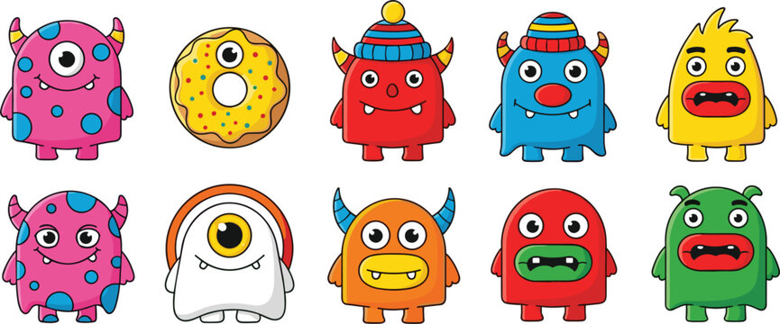 Cute monster cartoon character collection with funny colorful creatures and donut element vector illustration set isolated on light background