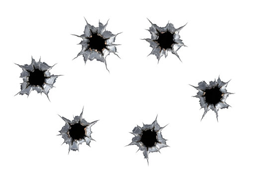 Realistic bullet holes showing surface damage and cracked impact marks, isolated on white or transparent background. PNG format.