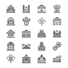 Fototapeta premium Collection of minimalist line art icons depicting various canadian landmarks, architectural styles, and maple leaf motifs, perfect for travel guides, city maps, or educational