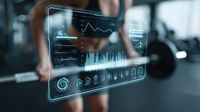 Focused Athlete Lifting Weights with Advanced Technology Displaying Fitness Metrics and Performance Data in a Modern Gym Environment