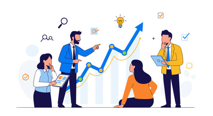Fototapeta premium Diverse team collaborates on upward trending business growth chart, analyzing data with magnifying glass and tablets, brainstorming ideas with lightbulb symbol, achieving success