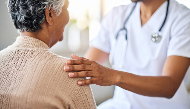 Profesional sanitaria sonriente atendiendo a una mujer mayor sentada, escena de atenci&oacute;n m&eacute;dica cercana que refleja cuidado, salud, seguros, residencias de mayores y servicios al bienestar senior