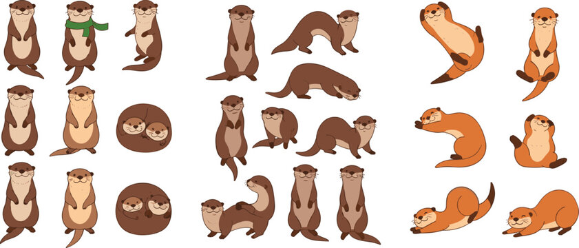 Cute otter cartoon collection vector illustration with playful poses and different styles, adorable river animals set for kids design and wildlife themes