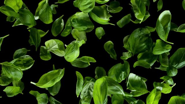 Super Slow Motion of Flying Fresh Basil Leaves, Isolated on Black Background . Filmed on High Speed Cinema Camera, 1000 fps .