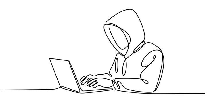 A single continuous line drawing of a mysterious person wearing a hoodie using a laptop computer Vector, illustration