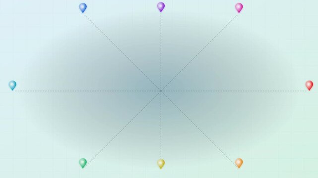 Abstract representation of eight colorful location pin icons arranged in a circular pattern on a soft gradient background, symbolizing navigation and connection