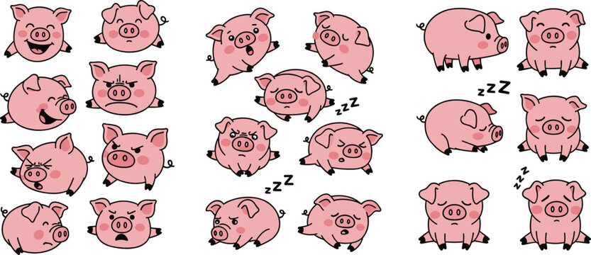 Cute pig cartoon collection vector illustration with different poses and emotions, adorable farm animal characters set for kids design and agriculture themes