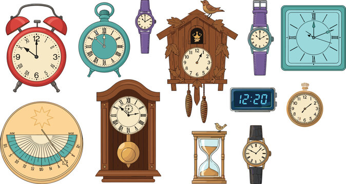 Clock and Timepiece Vector Set with Alarm Clock, Wrist Watch, Wall Clock, Hourglass and Vintage Cuckoo Clock for Time Management Illustration