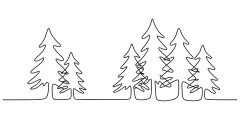 A minimalist continuous line drawing depicting a small forest of pine trees on a white background Vector, illustration © Rimi Kailash Arts