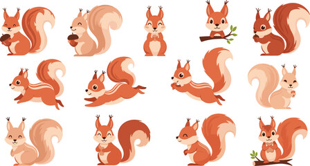 Cute Squirrel Cartoon Set with Different Poses Woodland Animal Collection Adorable Forest Mammal Characters Flat Design Isolated on White Background © Saidi