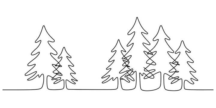 A minimalist continuous line drawing depicting a small forest of pine trees on a white background Vector, illustration