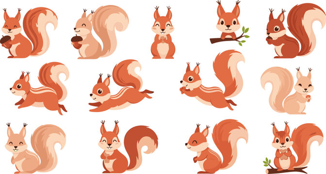 Cute Squirrel Cartoon Set with Different Poses Woodland Animal Collection Adorable Forest Mammal Characters Flat Design Isolated on White Background