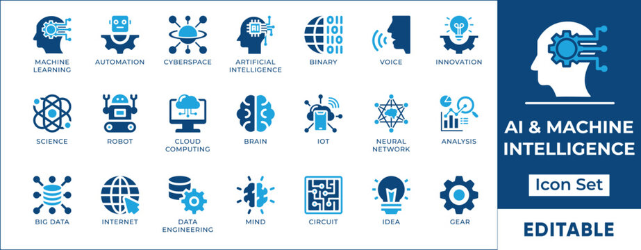 AI and machine intelligence vector icon set. neural network, robot automation, machine learning, deep learning and data science symbols.