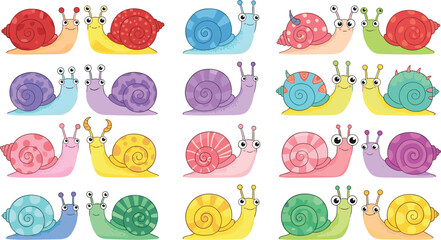 Cute snail cartoon character collection with colorful shells and funny expressions vector illustration set of adorable garden animals isolated on light background © Yevhenii creative