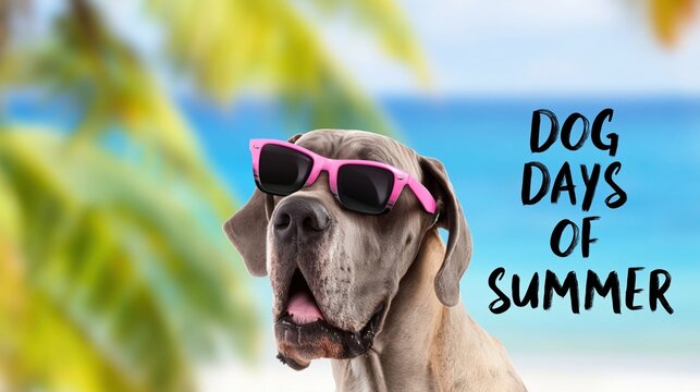 Funny Great Dane wearing pink sunglasses on a sunny beach summer vacation