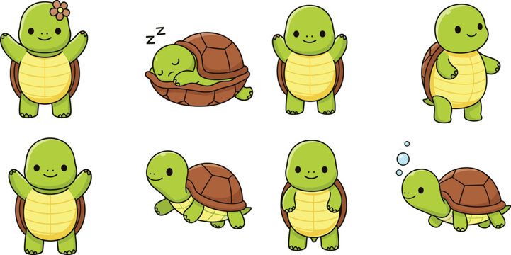 Cute turtle cartoon collection vector illustration with different poses and expressions, adorable sea and land tortoise characters set for kids design and nature themes
