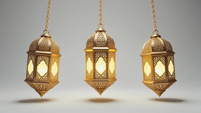 Three Ornate Golden Ramadan Lanterns Illuminated Warmly Against a Soft Gray Studio Background