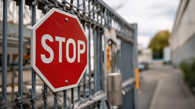 Red stop sign mounted on a metal fence with blurred industrial background and pathway leading to a building, indicating restricted access in an urban setting