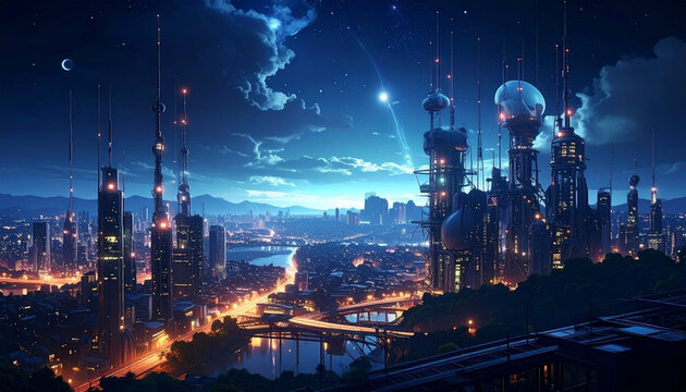 Futuristic cityscape at night