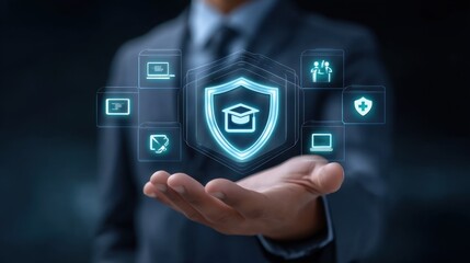 Fototapeta premium Businessman Holding Virtual Shield with Digital Icons Representing Security and Technology in a Modern Business Setting
